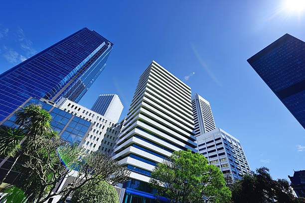 Low angle view of skyscrapers into the sky, perth, Western Australia, Australia.