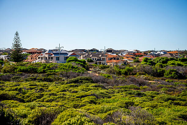Beautiful residential area featuring modern houses surrounded by natural greenery and sunny skies, conveying serenity and community vibes.