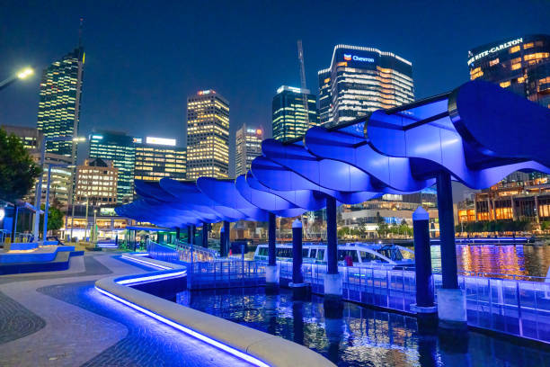Buildings and Bridge at sunset, Perth.