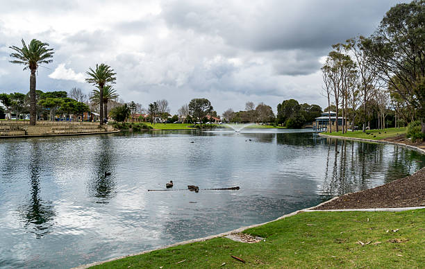 Calm lake with swimming ducks and a central fountain, lined by palm trees, lawns and a gazebo under a cloudy sky at Brampton Park in Butler, Western Australia