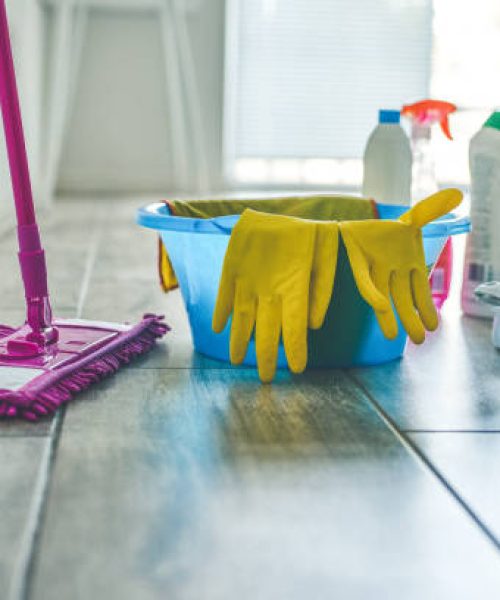 High angle shot of various cleaning products at home