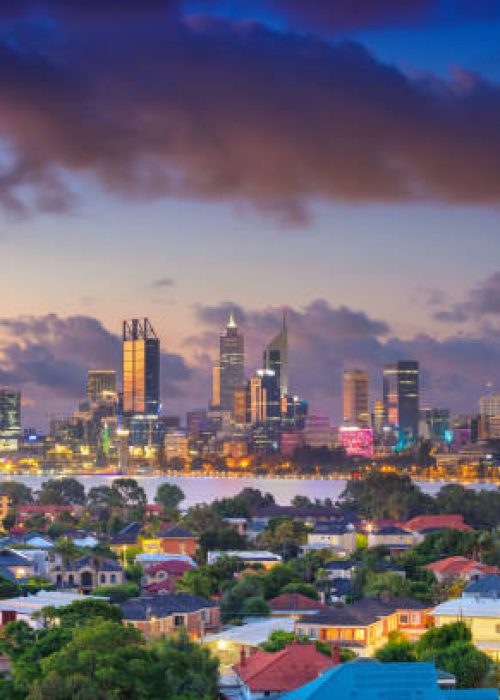 Aerial cityscape image of Perth skyline, Australia during dramatic sunset.