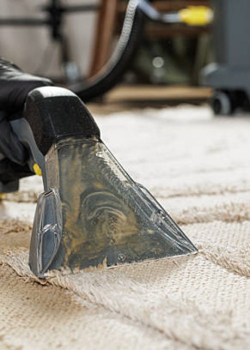 A close-up view of a professional carpet cleaning process using an upholstery tool, showcasing the effective removal of dirt and stains from a textured carpet.