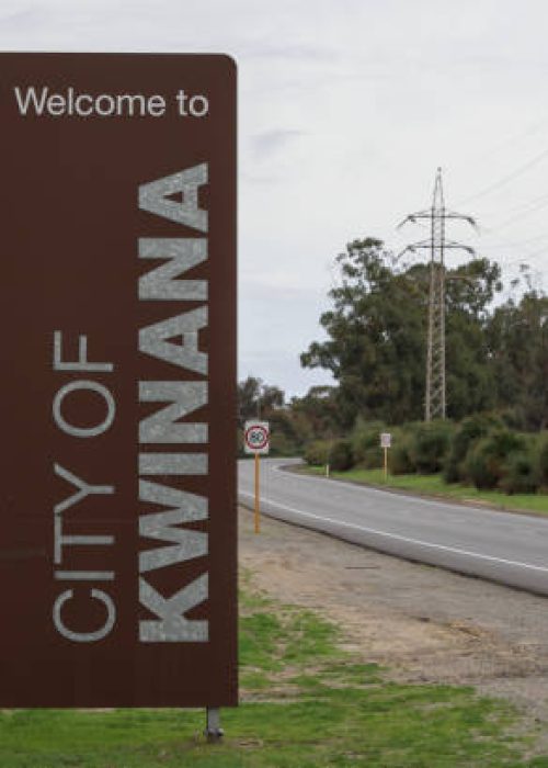 Welcome sign, City of Kwinana, Western Australia, next to Stock road (National Route 1), 12 July 2024. Home to major industrial area, Fremantle Outer Harbour and Perth Motorplex