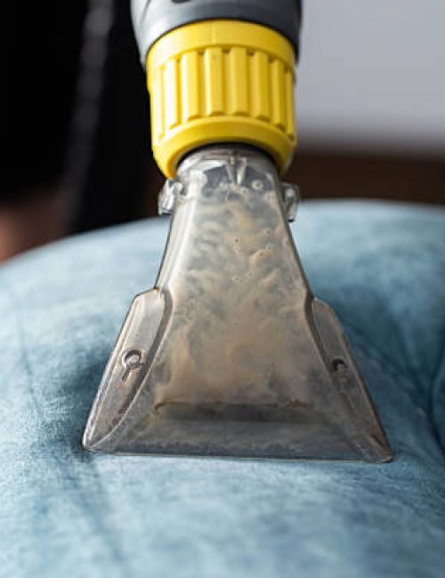 A steam cleaner is used to deep clean a blue upholstered sofa, removing dirt and stains. Sunlight fills the bright living room, enhancing the cleaning task.