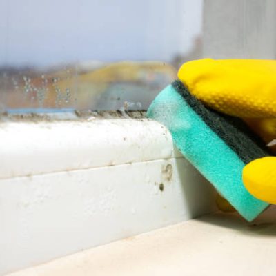 A cleaner cleaning A lot of Black mold fungus growing on the windowsill at home. Dampness problem concept. Condensation on the window.