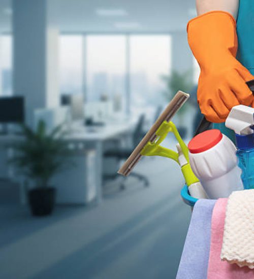 Vacate cleaning services. A team member prepares cleaning supplies while readying to service a rental space.