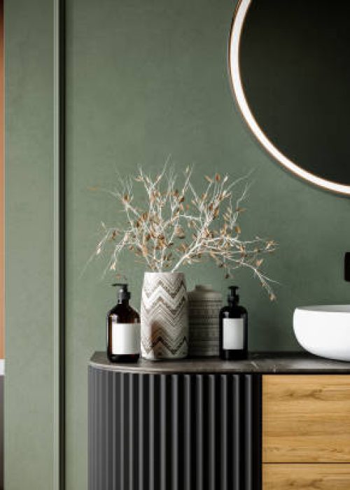 Close up of modern black bathroom furniture with white sink and black marble countertop. Side view. Ideal for showcasing your products in a stylish and modern setting. 3d Rendering