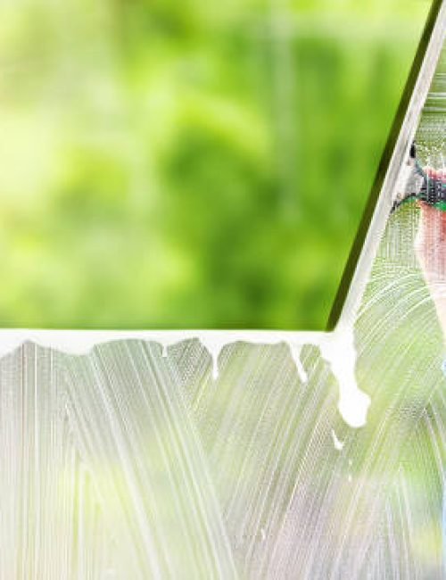 Window cleaner works with a squeegee to wash a window with a green nature background